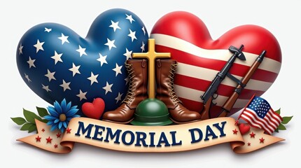 Memorial Day illustration featuring patriotic hearts with USA flag motifs, military boots, helmet, rifle, golden cross, and American flag in a tribute to fallen soldiers on a white background.