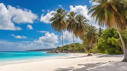 Obraz premium Idyllic tropical beach scene with palm trees turquoise water and white sandy shoreline