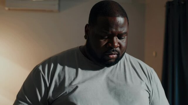 Obese man suffering from chest pains in living room