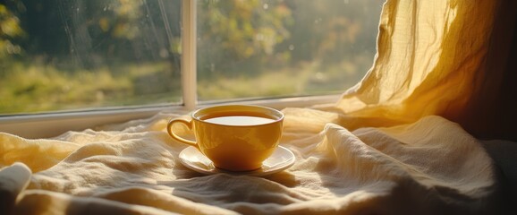 Warm sunlight bathes windowsill tea cup