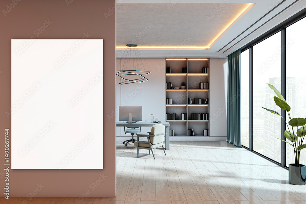 Poster Blank vertical canvas mockup on wall in modern office interior with bookshelf, computer desk, and large window in cityscape background. 3D Rendering