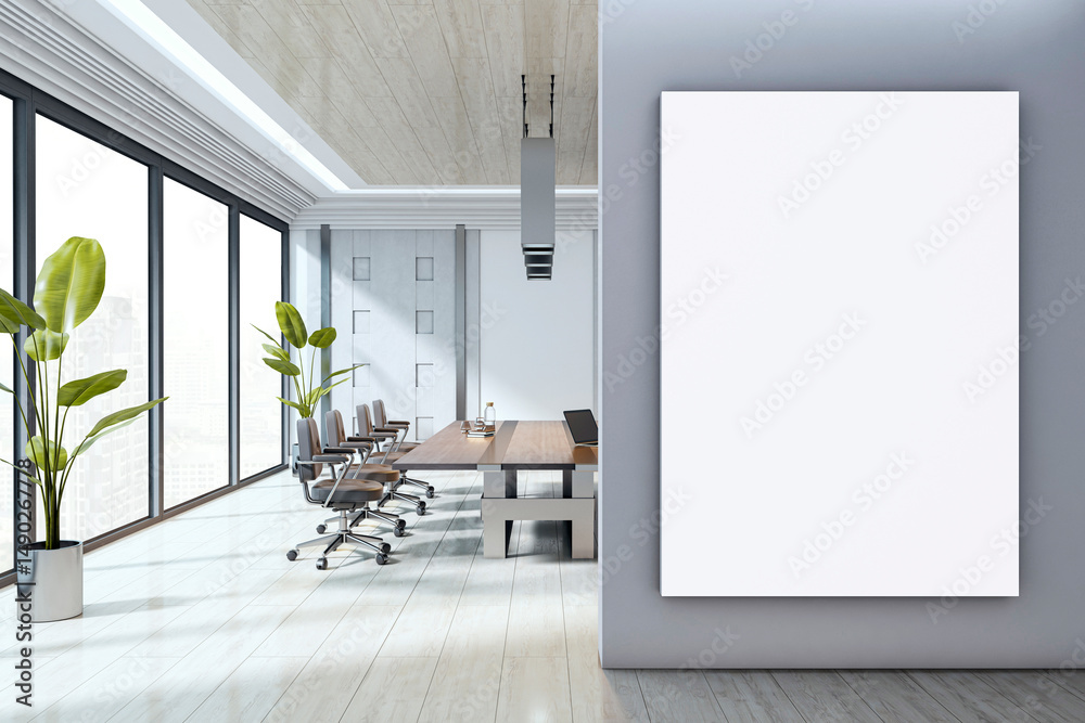 Poster modern conference room interior with vertical blank canvas mockup on wall and large windows overlook