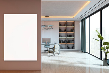 Blank vertical canvas mockup on wall in modern office interior with bookshelf, computer desk, and large window in cityscape background. 3D Rendering