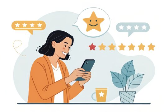 Woman Using Smartphone with Five Star Ratings Feedback Concept