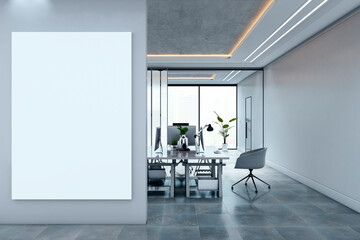 Blank vertical poster mockup on modern office wall with sleek furniture and natural light for branding or design presentation template. 3D Rendering