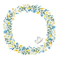 Wild flowers frame, border. Summer meadow composition hand drawn with watercolor. Elegant summer design for card, banner, invitation
