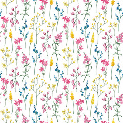 Wild flowers seamless pattern. Summer meadow repeat tile. Hand drawn with watercolor. Floral design. Bright summer seamless tile for wallpaper, textile, fabric, packaging