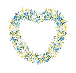 Wild flowers frame, border. Summer meadow composition hand drawn with watercolor. Elegant heart shaped design for card, banner, invitation