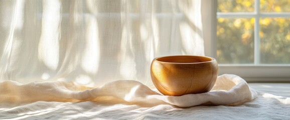 Wooden bowl on linen cloth with sunlight