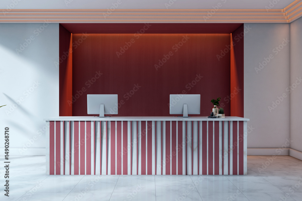 Poster Modern reception desk mockup with striped front panel and red accent wall in a clean empty interior for branding or template design purposes. 3D Rendering