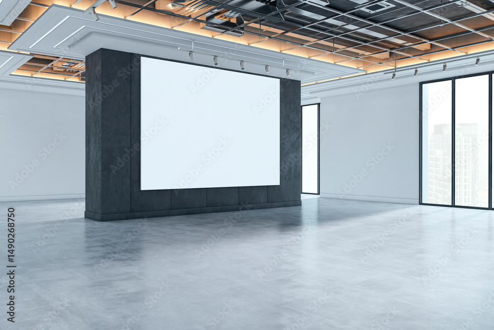 Poster blank mockup screen on dark wall in modern empty gallery interior with concrete floor and large wind