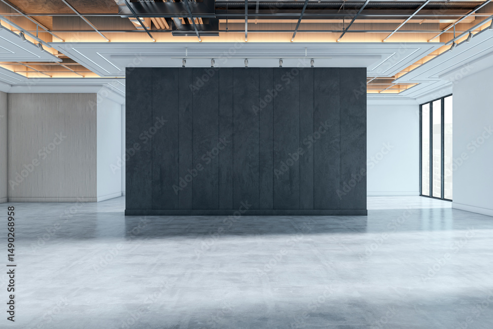 Leinwandbilder Empty modern gallery interior with clean concrete floor and dark wall mockup for branding or design presentation in architectural space. 3D Rendering