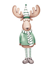 Nordic elk, deer. Noel Christmas clip art. Isolated on white. Hand drawn with watercolor. Design element for card, banner, invitation