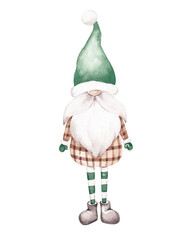 Nordic Gnome, elf. Noel Christmas clip art. Isolated on white. Hand drawn with watercolor. Design element for card, banner, invitation