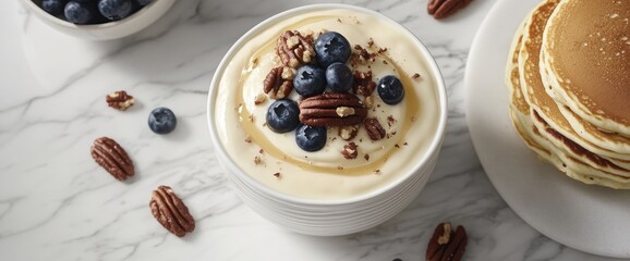 Yogurt parfait with blueberries pecans and honey