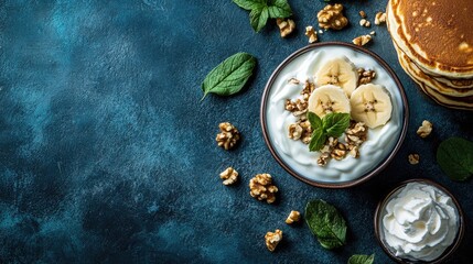 Yogurt bowl with bananas walnuts and mint