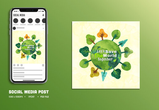 World Environment Day Editable Social Media Post with Watercolor Earth Globe Surrounded by Trees Illustration for Eco Awareness and Save the Earth Message.