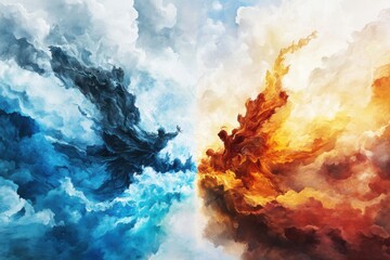 Fototapeta premium Battle of elements fire and ice clouds surreal artwork digital art fantasy aerial view dynamic contrast