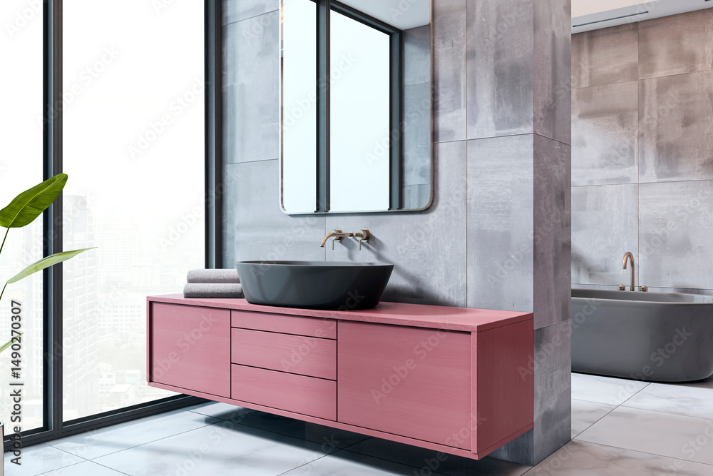 Poster modern bathroom interior with pink floating vanity and matte black sink in luxury apartment with gra