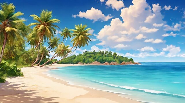 Beautiful tropical beach scene depicting palm trees turquoise waters and white sandy beach - Powered by Adobe