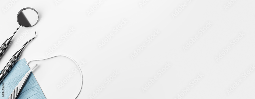Poster Dental tools and blue mask on white background with copyspace for medical layout or design template in clean isolated composition. 3D Rendering