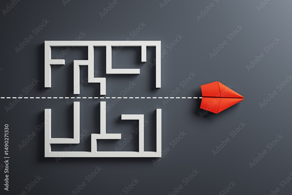 Poster red paper plane flying straight through maze with dotted path on dark background, symbolizing leader