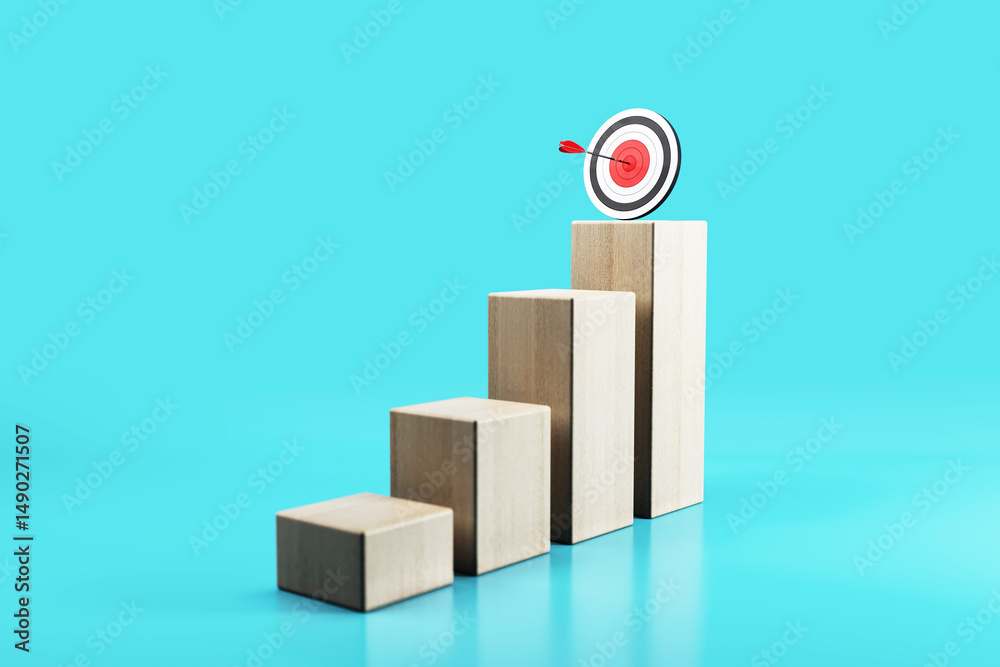 Poster wooden blocks forming a rising bar chart with target and dart on top, symbolizing success and goal a