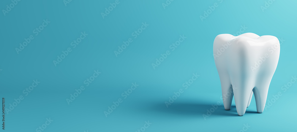 Poster Realistic 3D rendering of a white molar tooth standing on a blue background with copyspace for dental care, hygiene, or oral health concepts. 3D Rendering