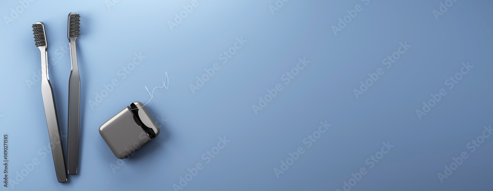 Poster black toothbrushes and dental floss container on blue background with copy space for dental hygiene 