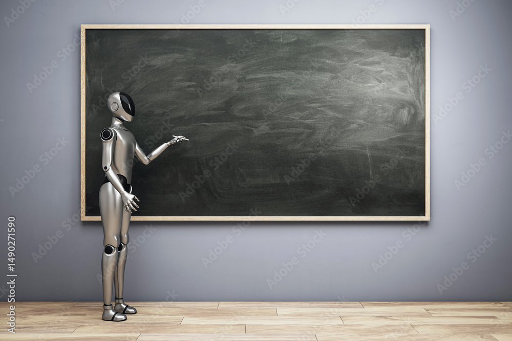 Aufkleber Humanoid robot pointing at large empty chalkboard on light background classroom wall with wooden floor, futuristic education concept scene. 3D Rendering