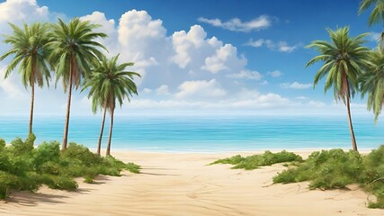 Fototapeta premium Serene beach scene with palm trees turquoise ocean and white clouds under a bright blue sky