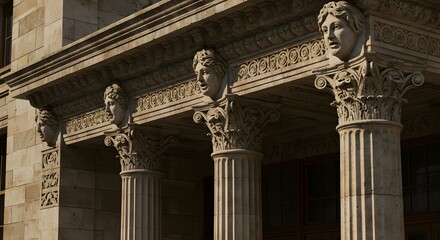 Close-up of ornate architectural details on a 1920s theater facade, including sculpted faces and decorative columns