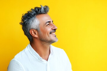 A happy man in a studio photo. Yellow solid background. Elegant men's wavy fringe haircut - midlife middle eastern man with short hair. Concept art visual graphic design of style for aging me.