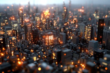 Obraz premium Detailed overhead view of modern cityscape with illuminated buildings at night urban architecture and city life