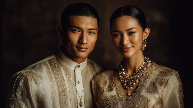 Portrait of Filipino couple in traditional barong and terno attire