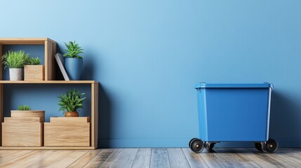Blue mop bucket with wheels positioned on a clean wooden floor beside storage shelves