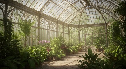 Victorian conservatory or glasshouse attached to a manor, filled with tropical plants and natural light