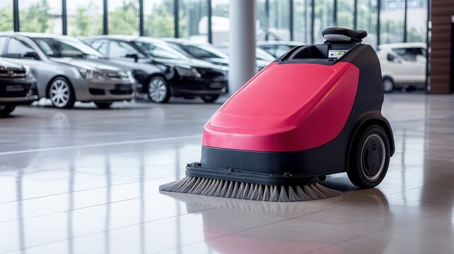 Brightly colored floor scrubber stationed on clean concrete inside an auto showroom