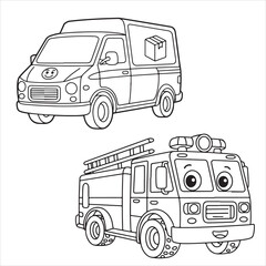 Fun and Easy Kids Coloring Page of a Smiling Delivery Van and Fire Truck