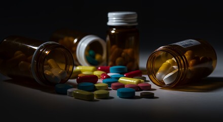 Spilled Medication: A Close-Up View of Colorful Pills and Capsules Scattered from Amber Bottles