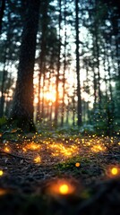 Obraz premium Enchanting fireflies dance at sunset in a serene forest magical nature scene captivating perspective