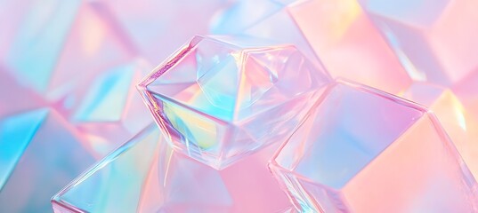 Iridescent geometric prism shapes in soft blue and pink tones 