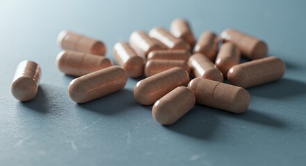 Closeup View of Beige Capsules Scattered on a Smooth Surface A Detailed Look at Medication or Supplements