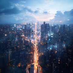 Fototapeta premium Urban nightscape city lights and skyscrapers aerial view modern metropolis twilight atmosphere