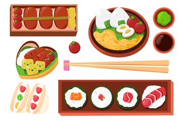 set of japhenese food. Bento, sushi, sashimi, salmon, onigiri, washabi, bento