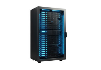 Data server rack isolated on transparent background with blue lights