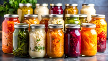 Vibrant Collection of Homemade Preserved Vegetables in Jars