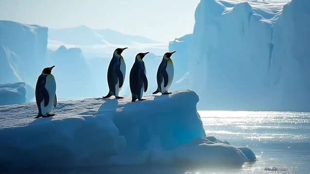 Five penguins standing in a row on the edge of a large iceberg surrounded by frozen sea and icy mountains in bright polar light. Wildlife and cold environment concept
