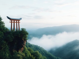 Scenic mountain vista with wooden structure overlooking mist landscape
