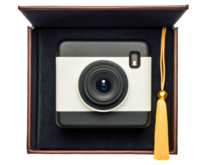 Retro instant camera in box with yellow tassel on a transparent background